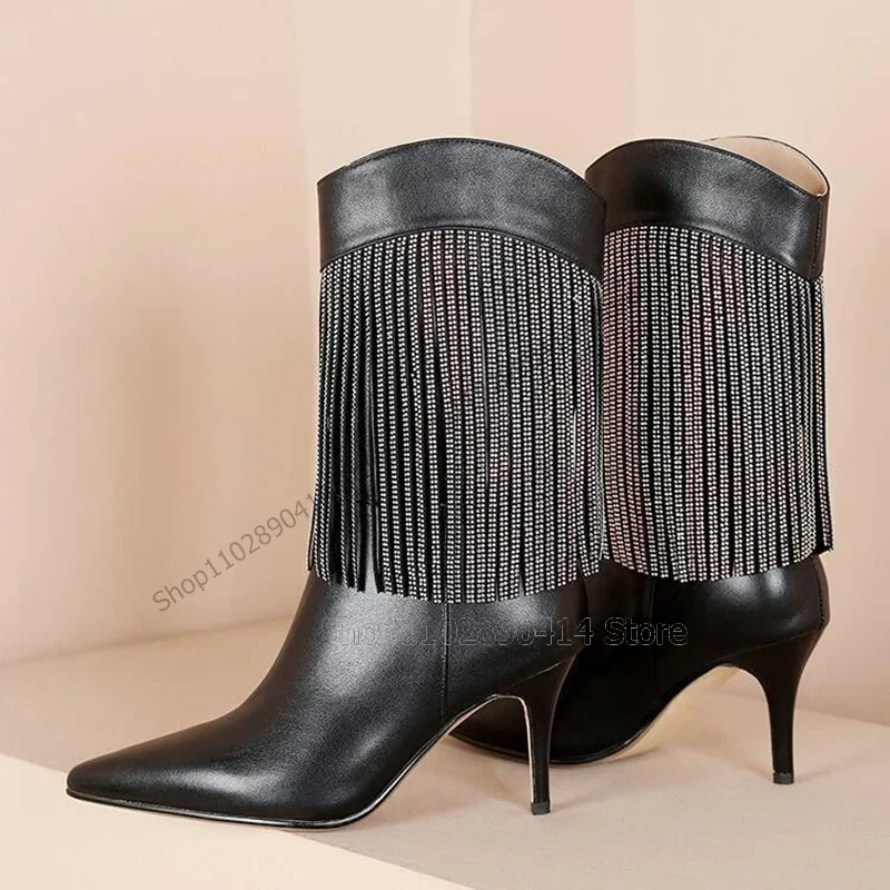 화이트 블랙 크리스탈 태슬 장식 포인티드 토 부츠 슬립온 여성 신발 얇은 하이힐 참신한 패션 2023 여성용 신발