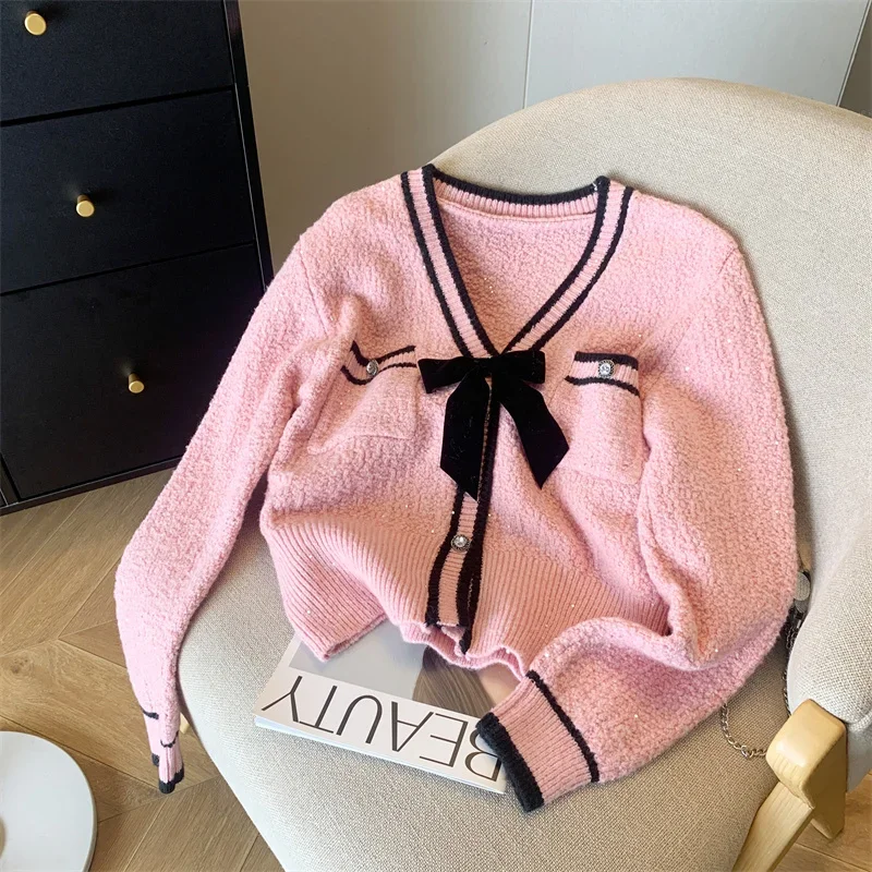 

Kawaii Bow Pink Knitted Cardigan Women Elegant Cropped White Sweater Outerwears Fashion V Neck Knitwears Winter Korean Jumpers