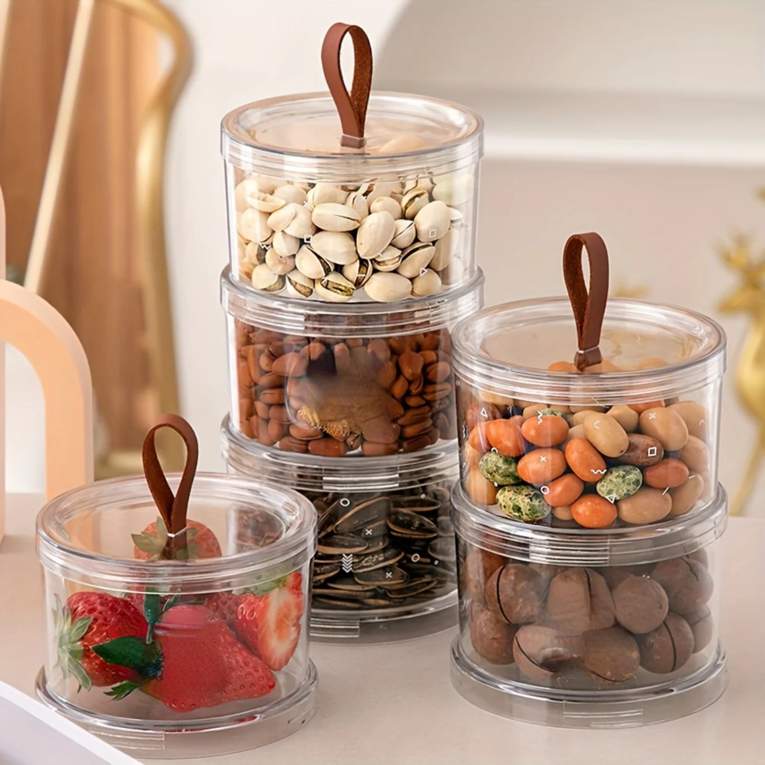 1pc, Light Luxury Transparent Snack Container, Plastic Round Fruit Candy Nut  Box With Leather Handle, Kitchen Organizing Jar,  