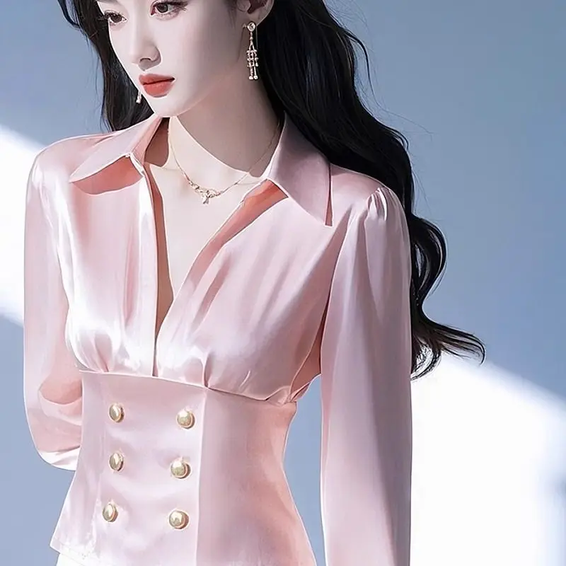 

Ladies Temperament Satin Shirts Spring Autumn 2025 New Fashionable Buttons Solid Color Turn-down Collar Long Sleeve Slim Shirts