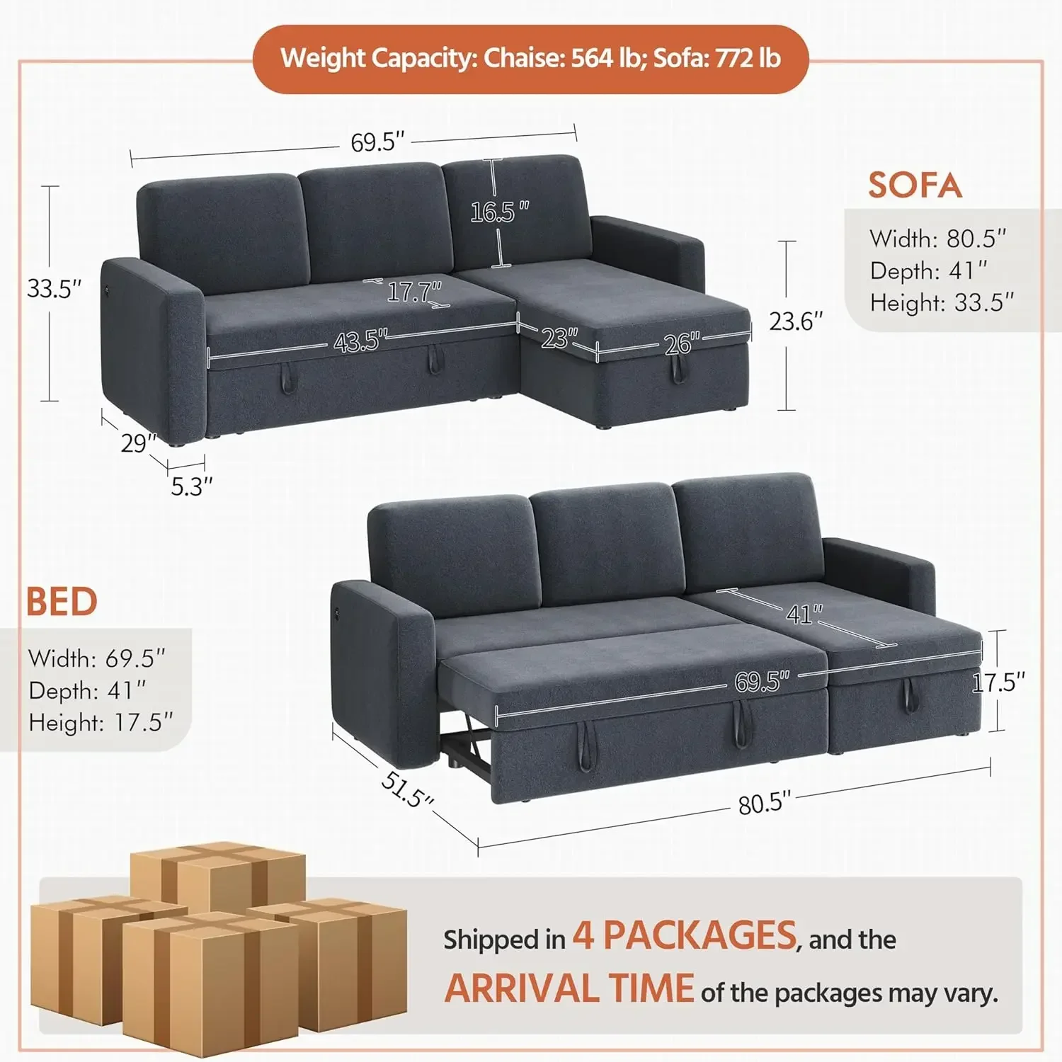 Sectional Sofa L-Shaped Sofa Couch Bed  Storage Space, 4-seat Fabric Convertible Sofa, Pull Out Couch for Living Room Dark Gray