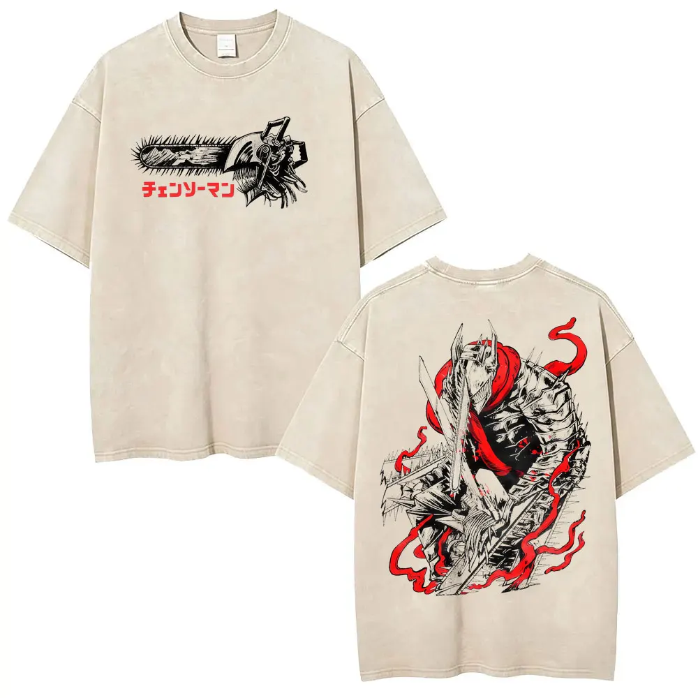 New Anime Chainsaw Man Vintage Washed T Shirts Japan Manga Denji Pochita Graphic T-shirts Men's Short Sleeve T-shirt Streetwear