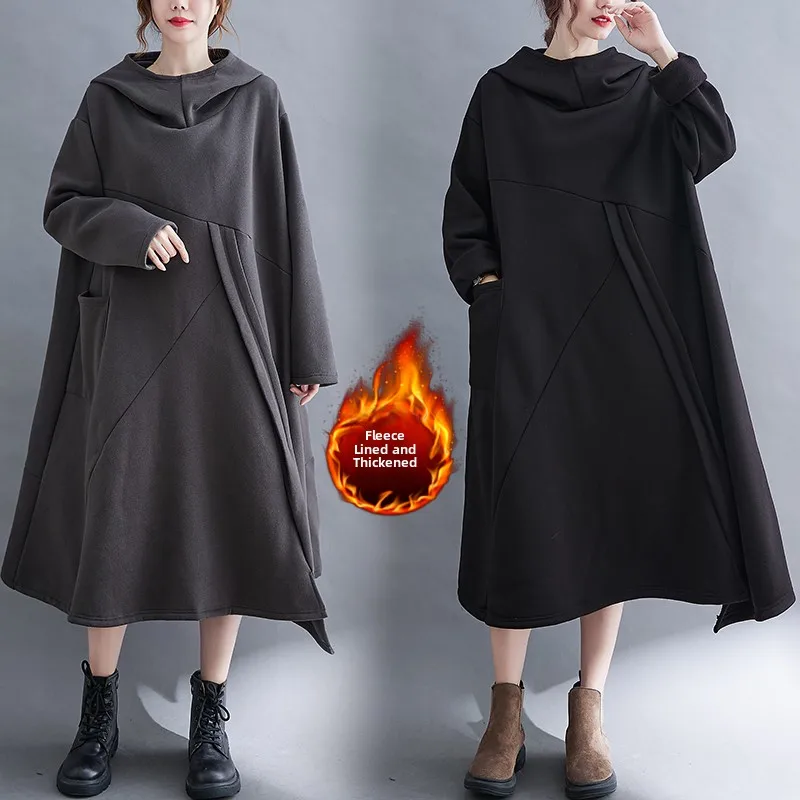 

plus Size Women's Autumn Winter Fce Lined Thiened Hoodie Dr Belly Covering Slimming Mid-Length A-Line Dr