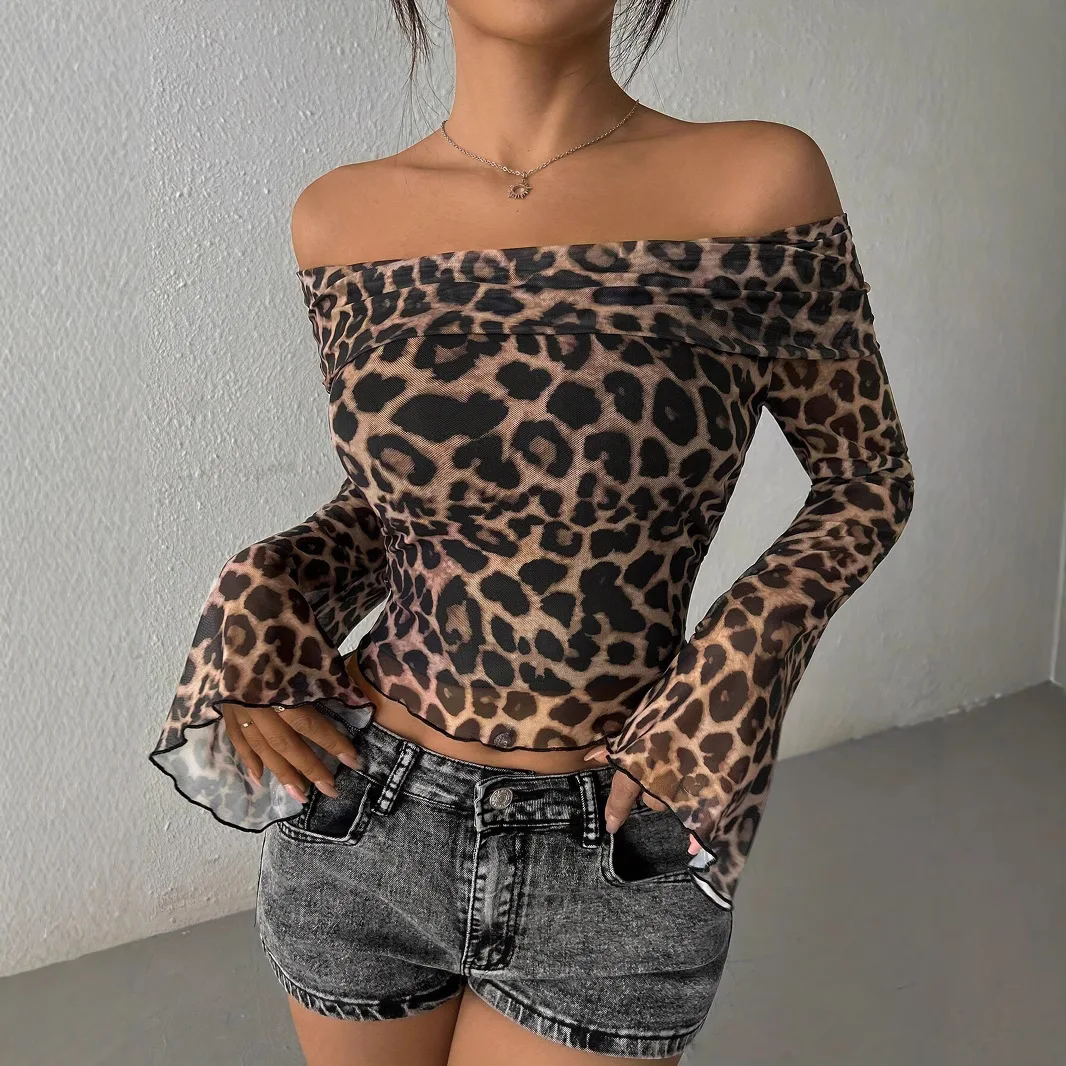 

Winter women's clothing sexy one-word shoulder long-sleeved off-the-navel leopard print top sexy hot girl bottoming shirt