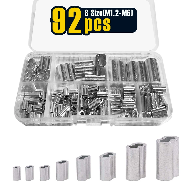 92 Pcs M1.2-6(3/64-1/4'') Aluminum Wire Crimping Loop Sleeve Assortment Kit 8 Size Wire Rope Sleeves Double Barrel Cable Ferrule
