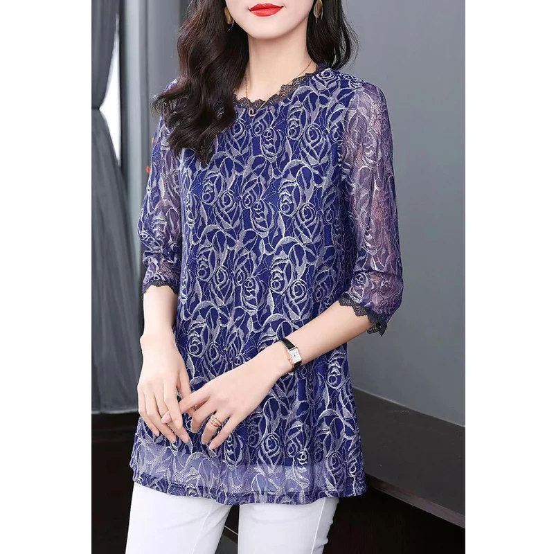 Vintage Elegant Fashion Floral Print Lace Patchwork Tunic Tops Blouses for Women Sexy Sheer Mesh O Neck Loose 3/4 Sleeve Shirts