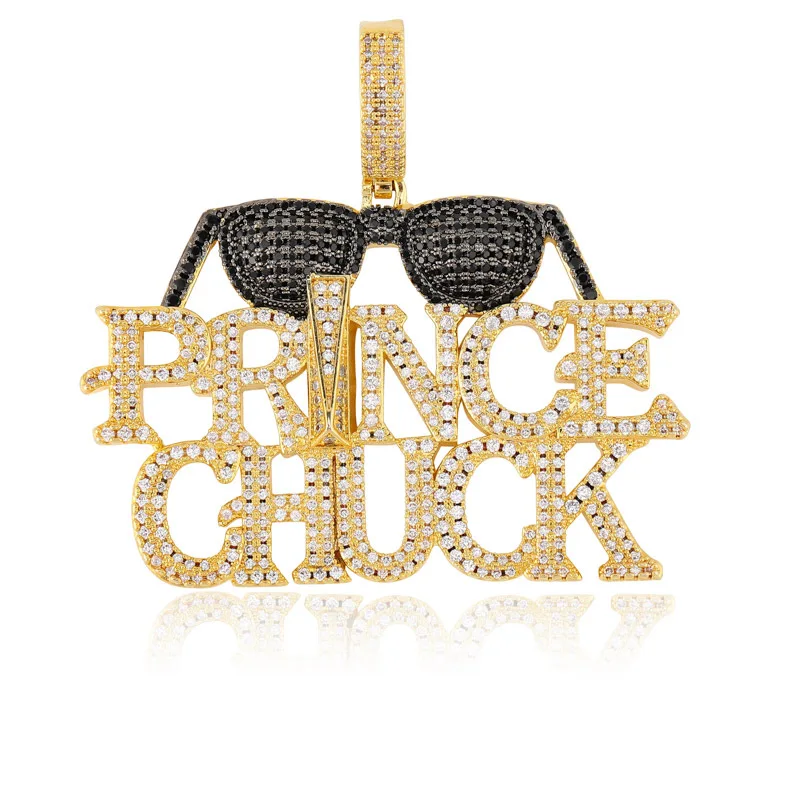 Hip Hop AAA Cubic Zirconia Bling Iced Out Cool PRINCE CHUCK Sunglasses Pendant Necklace for Men Rapper Jewelry Gold Silver Color