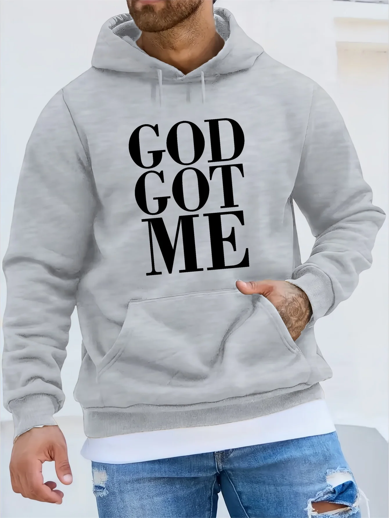 Men's Sweatshirt With Kangaroo Pocket Streetwear For Winter Fall, As Gifts GOD GOT ME Print Hoodie Cool Hoodies For Men