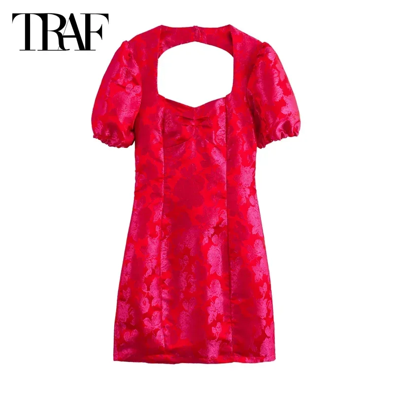 TRAF-Robe Courte en Jacquard pour Femme, Tenue de Soirée Élégante à Fleurs, Manches Bouffantes, Mini, Découpée, Dos aux, Été