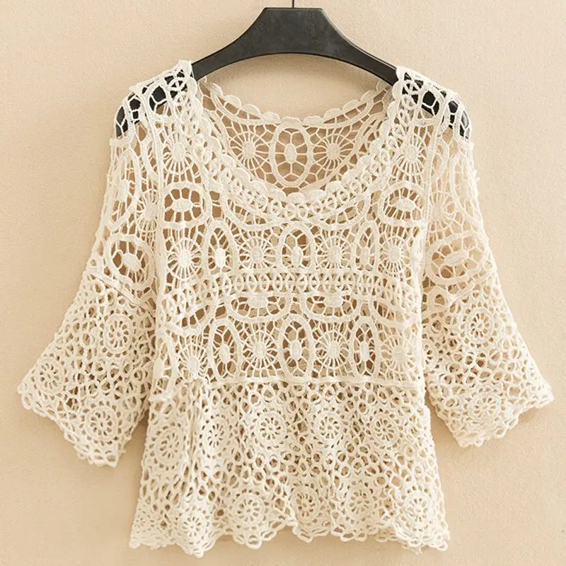 Summer Knitted Cardigan Women Hollow Out Cardigans Female Crochet Top Lace Blouse Short Sleeve Oversized Knitted Sweater Q261