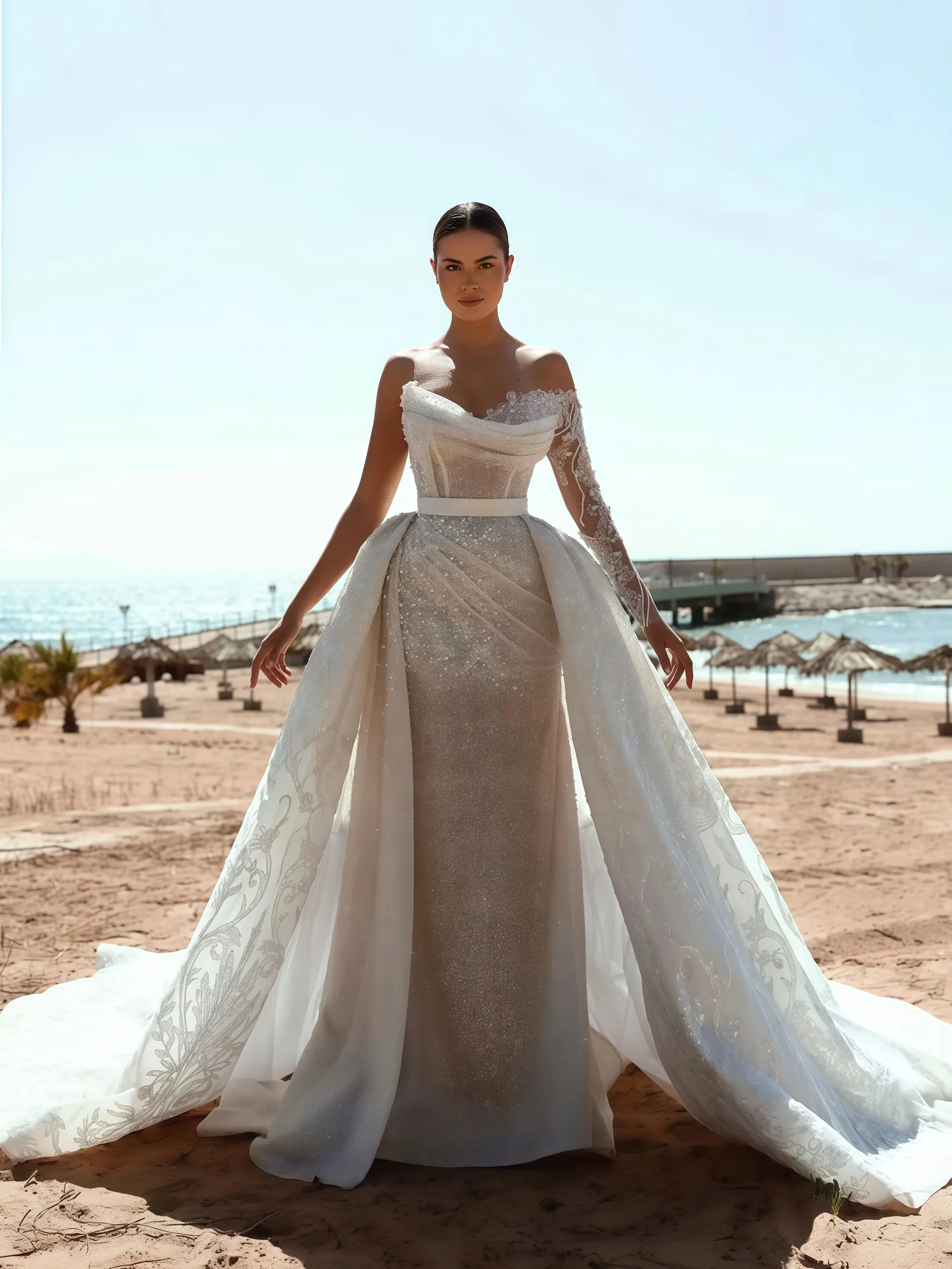 ชุดแต่งงานทรงเมอร์เมดแบบสั่งตัด ประดับมุกและเลื่อมระยิบระยับ สายเดี่ยว ดีไซน์หรูหรา พร้อมกระโปรงยาวแบบถอดได้