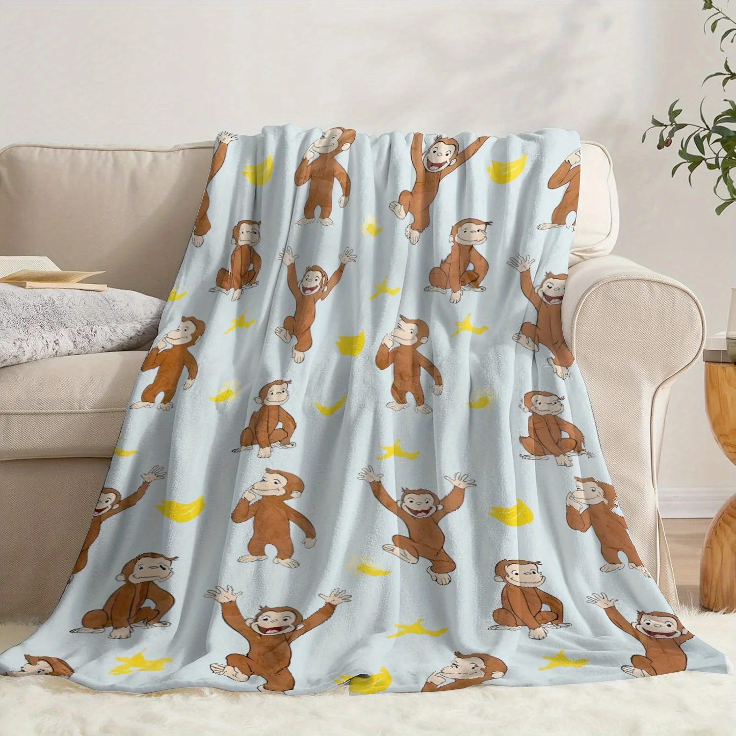 Curious George Monkey & Banana Print Flannel Throw Blanket - Soft Cozy Warm| Perfect for Sofa/Bed/Office view 2