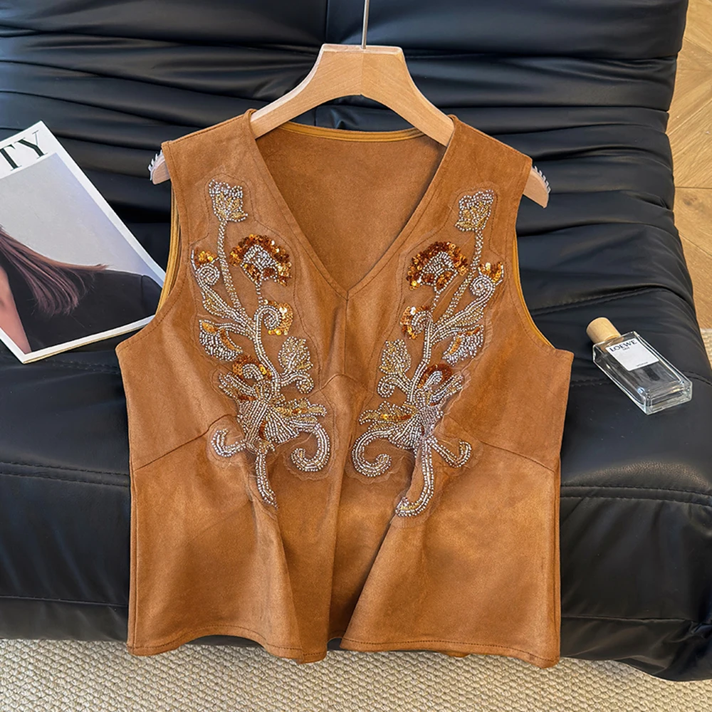 Embroidered Suede Vest Women's Short Style Outerwear Top Casual Pure Color Design Polyester Fiber Original Pattern