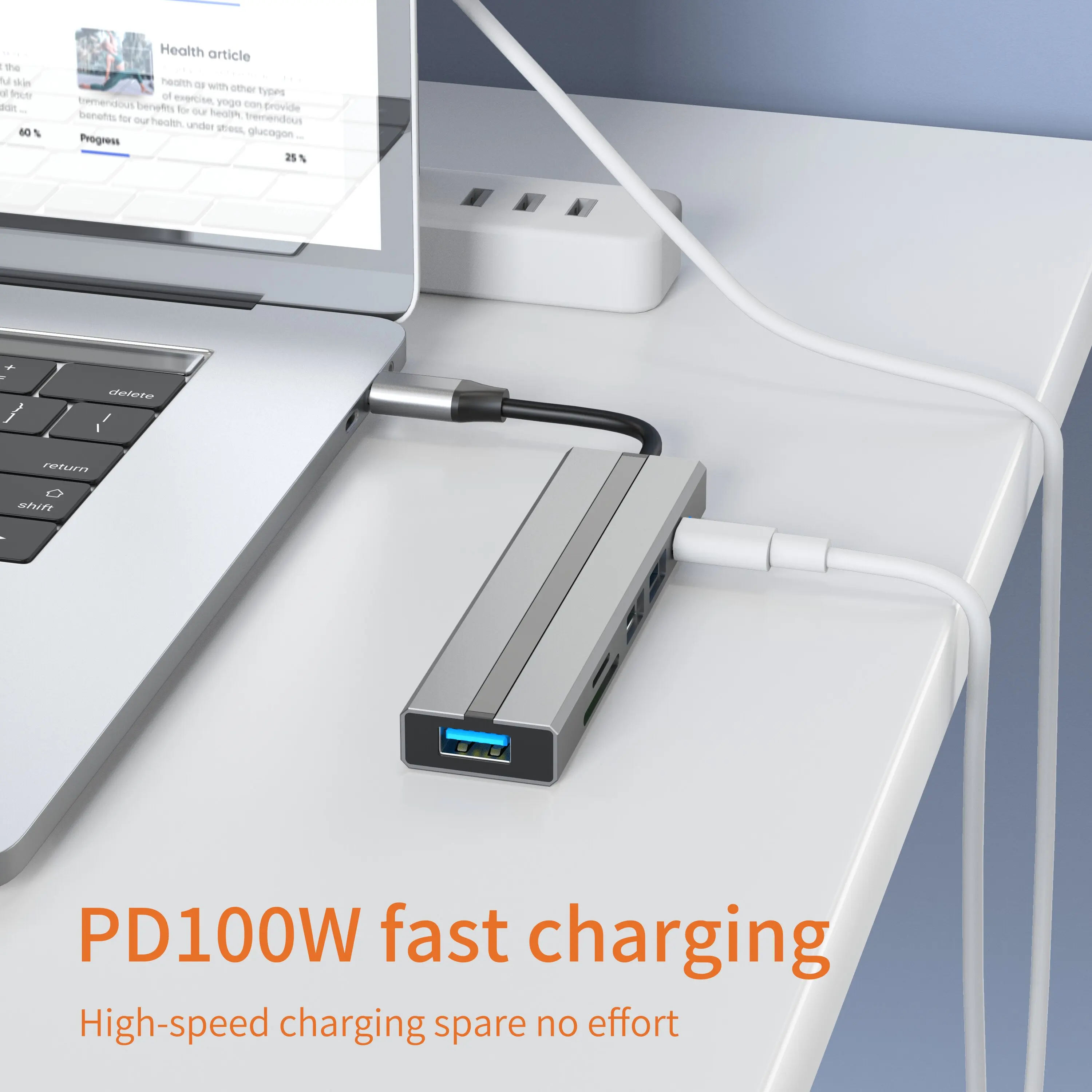 PD100W Fast Charging USB C Hub 3x USB 3.0 SD/TF Card Reader PD Port Mac Book De ll for Laptops Camera Use Pure Copper