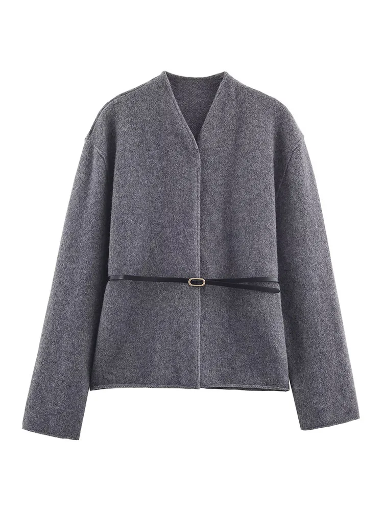 

Women's Wool Coat 2025 New Women Fashion Long Sleeve V-Neck With Belt Jackets Women Autumn Winter High Street Short Coats