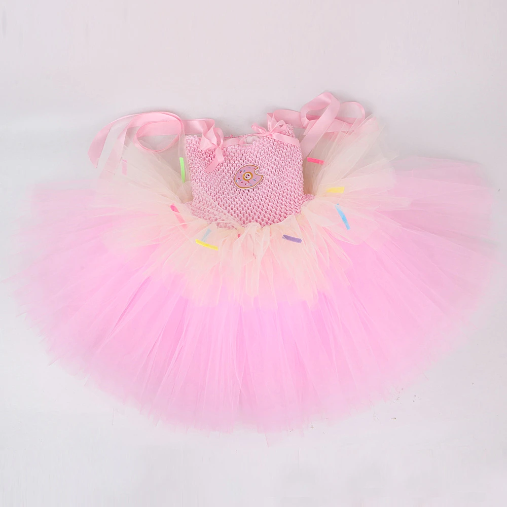 3 Layers Pink Donuts Birthday Dresses for Girls Doughnut Cake Smash Costume for Kids Toddler Photoshoot Outfit Baby Fluffy Tutus