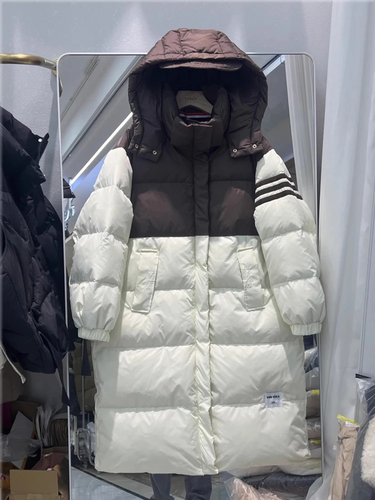 Winter new hooded down jacket women's medium and long knee three bars thickened loose versatile white duck down jacket