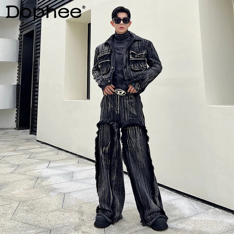 

2025 Autumn New Two-piece Sets Men's Retro Three-Dimensional Pocket Denim Short Jackets Men's Fashion Tassel Wide-Leg Pants Sets