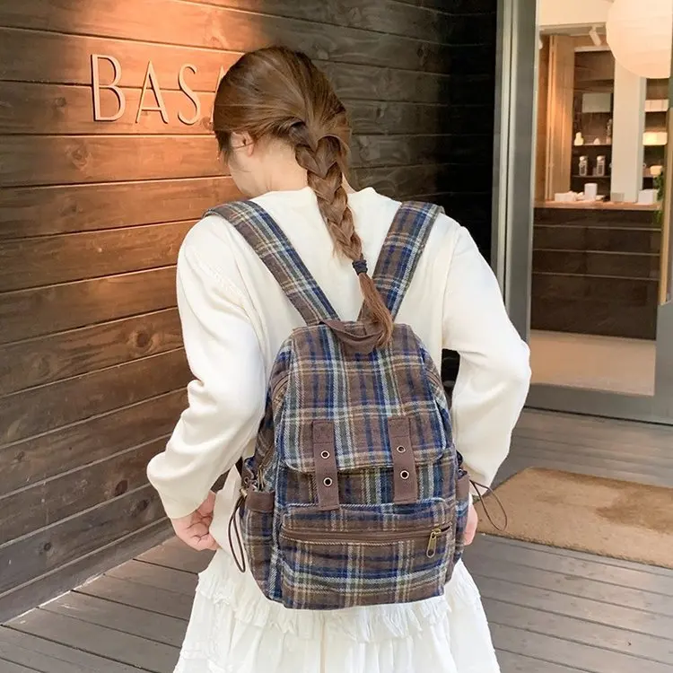 Women's Vintage Plaid Wool Backpack, Mini Colorful Checkered Rucksack, Casual Lightweight Daypack for Students