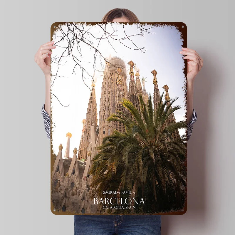 Sagrada Familia Barcelona Spain Tinplate Poster Custom Wall Art Vintage Metal Signs Retro Tin Plaque for Decoration Bedroom Room
