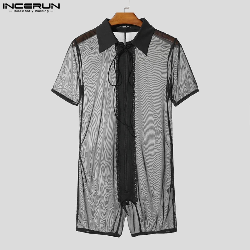 INCERUN Men Bodysuits Mesh Patchwork Lace See Through Lace Up Sexy Rompers Men Playsuits Summer 2025 Lapel Short Sleeve Bodysuit