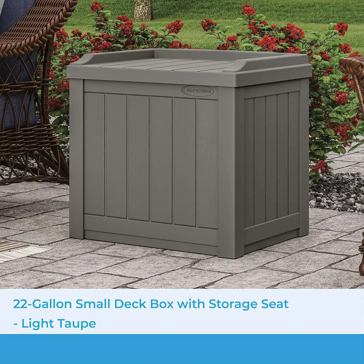 Suncast 22 Gallon Indoor or Outdoor Backyard Patio Small Storage Deck Box with Attractive Bench Seat and Reinforced Lid, Stone G