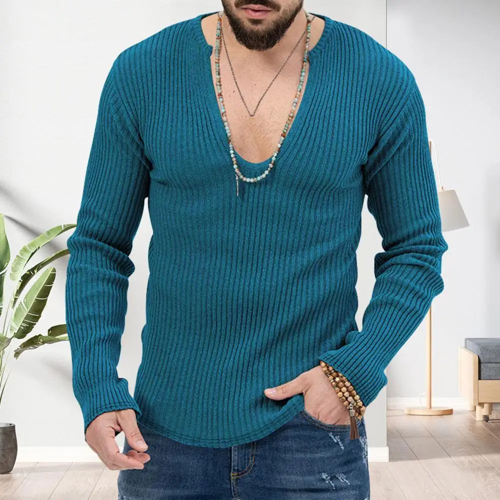 Thin Ribbed Men Sweater Stylish Men\'s Ribbed V-neck Sweater Slim Fit Soft Warm Knitwear for Fall/winter Casual Pullover Top