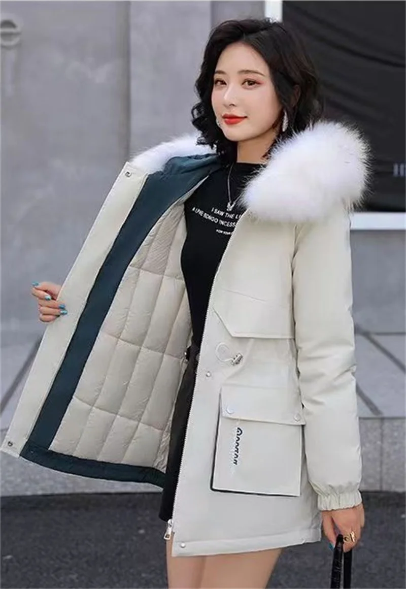 Parka da donna moda cappotto lungo piumino di cotone con cappuccio Parka 2024 nuova giacca invernale Slim con collo di pelliccia abbigliamento da