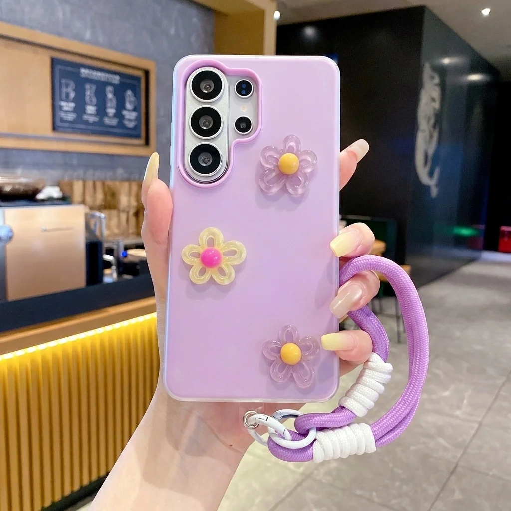 Purple With 3D Diy Colorful Little Flower Lanyard Phone Case For Samsung Galaxy S26 S25 S24 S23 Ultra S26 S25 S24 Plus FE Cover