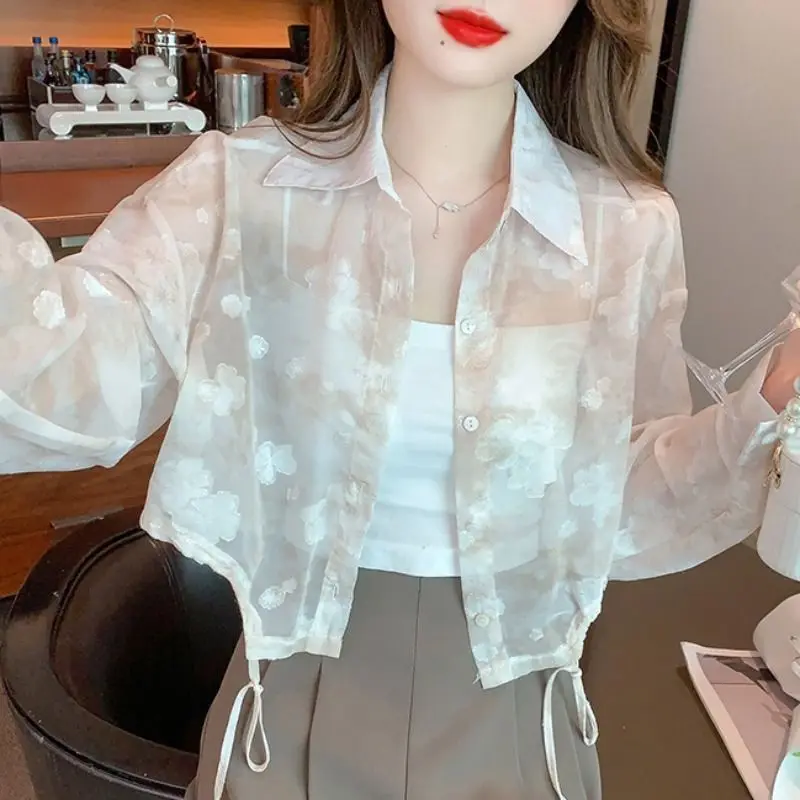 Women Summer Korean Loose Fashion Sunscreen Thin Long Sleeve Chiffon Shirts Women Clothes Casual All-match Appear Thin Sexy Tops