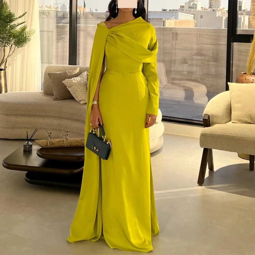 Mermaid Prom Dresses Floor Length Evening Dress Long فساتين سهرة Long Sleeve Crepe Formal Party Gown robe de soirée with Cape