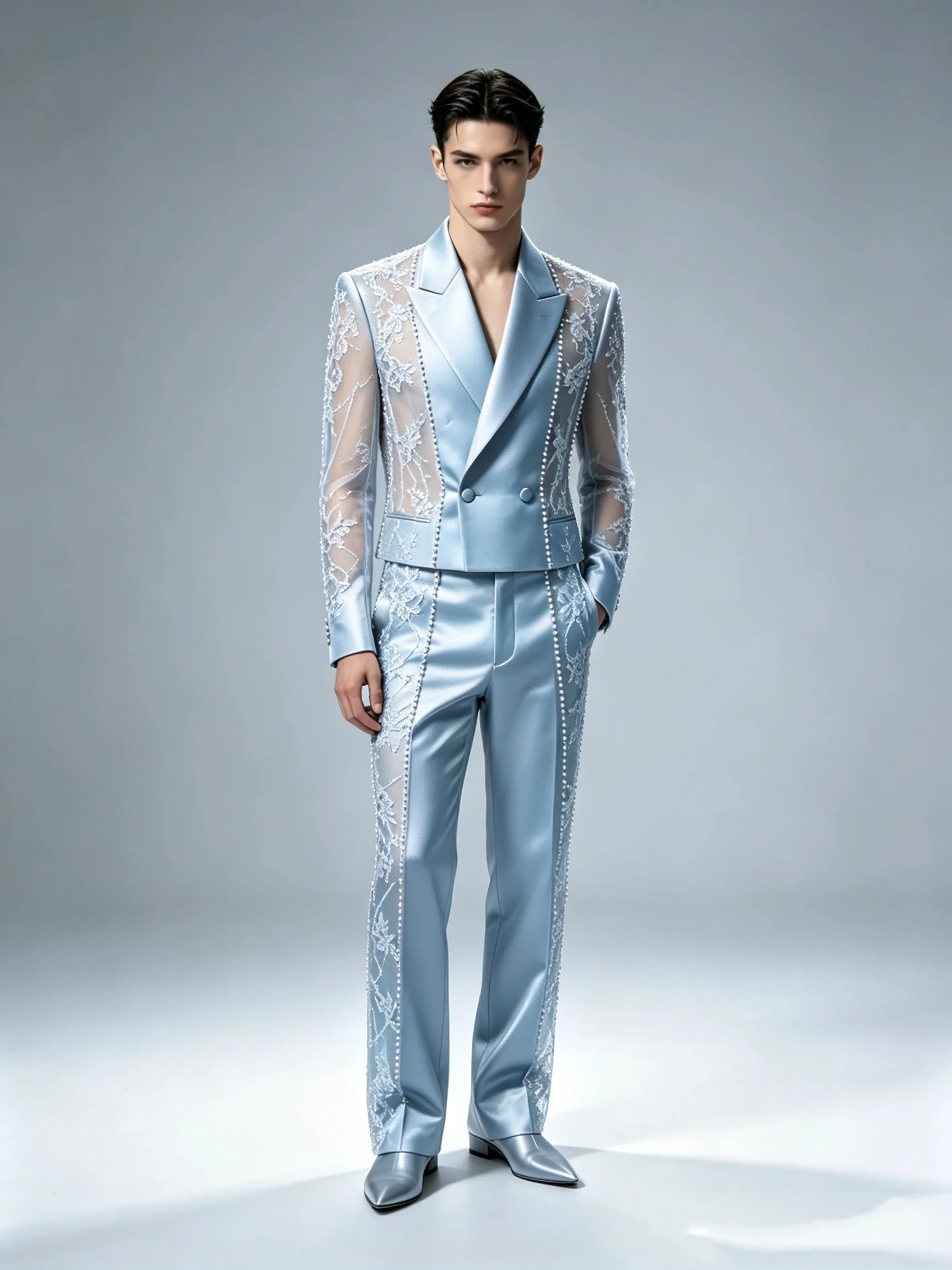 Blue Autumn Men Suit Set 2 Pcs Lace Blazer+Pants Trousers Crystals Customized Formal Office Jacket Wedding Tuxedos Prom Coat
