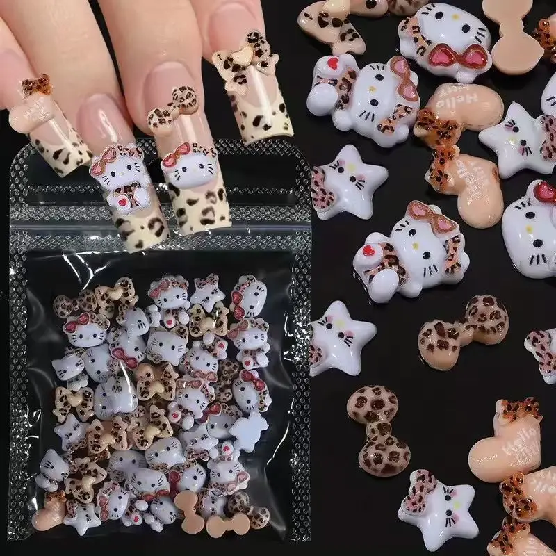 50個/パック サンリオ レオパード樹脂製 ハローキティ ネイルアートチャーム、漫画キティ猫リボンラインストーン ラブ3DネイルジュエリーDIY