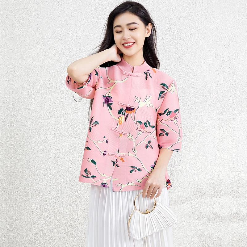 Fast Shipping 2025 Newest Design Chinese Style Printed Women Casual Shirt Pleated Miyake Top