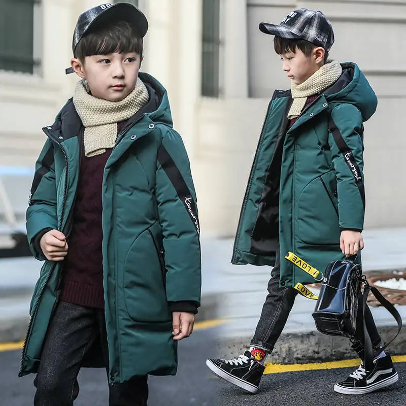 Winter Boys Windproof Warm Cotton Contrast Hooded Zip Long Puff Jackets School Kids Therme Parka Child Snow Coat Outfit 5-15Yrs