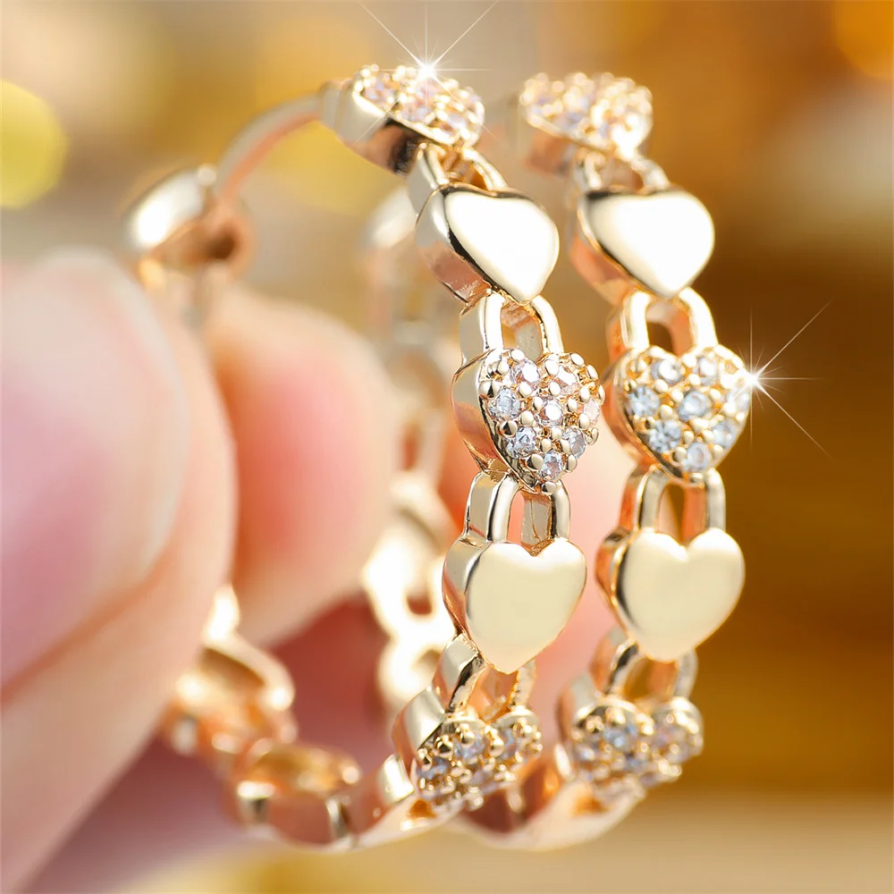 Vintage Hollow Love Heart White Zircon Round Stone Hoop Earrings For Women Gold Color Ear Buckle Wedding Jewelry Versatile Gifts