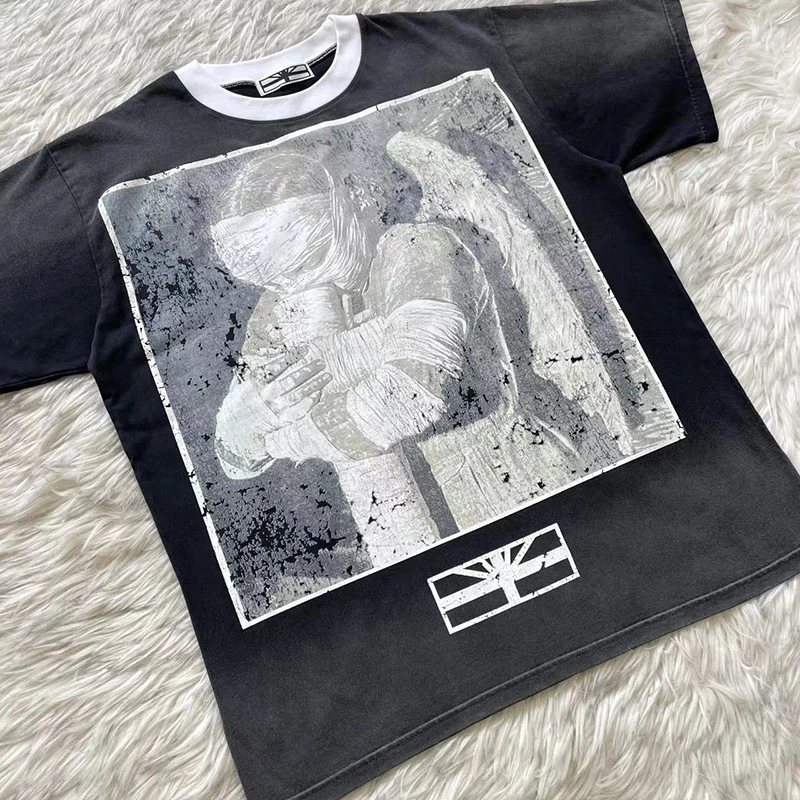 Pure Cotton Short Sleeve T-Shirt Vertabrae Push Tee Angel Print Collar Bandage Color Block Youthful Breathable Summer Top