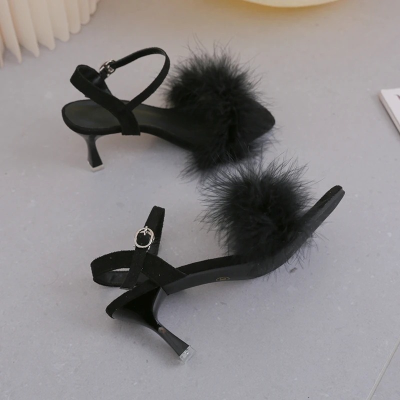 Feather Sandals Women Furry High Heels Ankle Plush Sandals Woman Transparent Heels With Fur Stripper Heeled Sandal Women