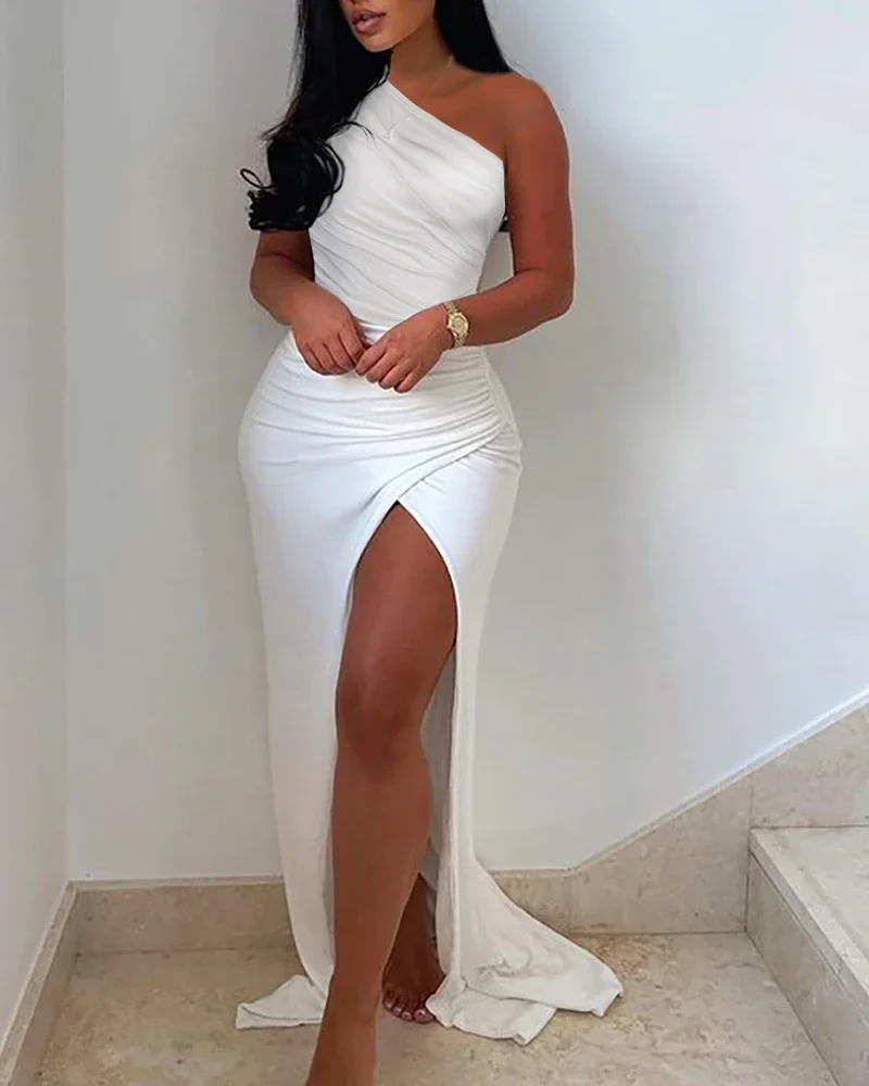 Summer Elegant Solid Dress High Split Thigh Ruched Maxi Floor Dress White Sexy Corset Asymmetric Party Robes Female