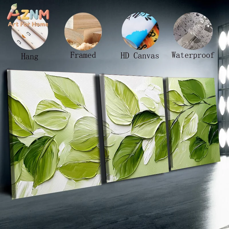AZNM 3D Textured Green Leaf Impasto Canvas Wall Art, Modern Minimalist Botanical Oil Painting Print Poster, Unframed Single Piec view 4