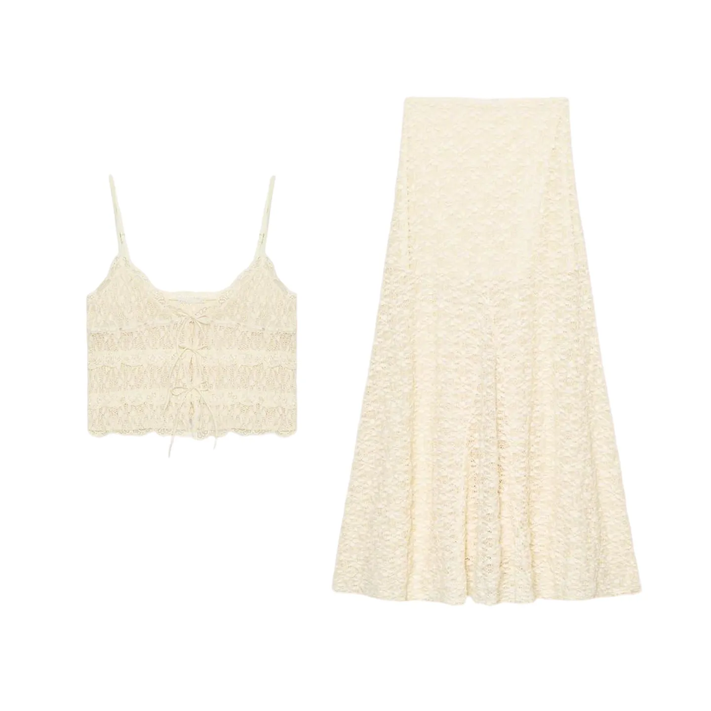  Knot Lace Halter Top Women's Casual Elastic Waist Long Skirt Two-Piece Set Summer Fashion V-Neck Sleeveless Dress
