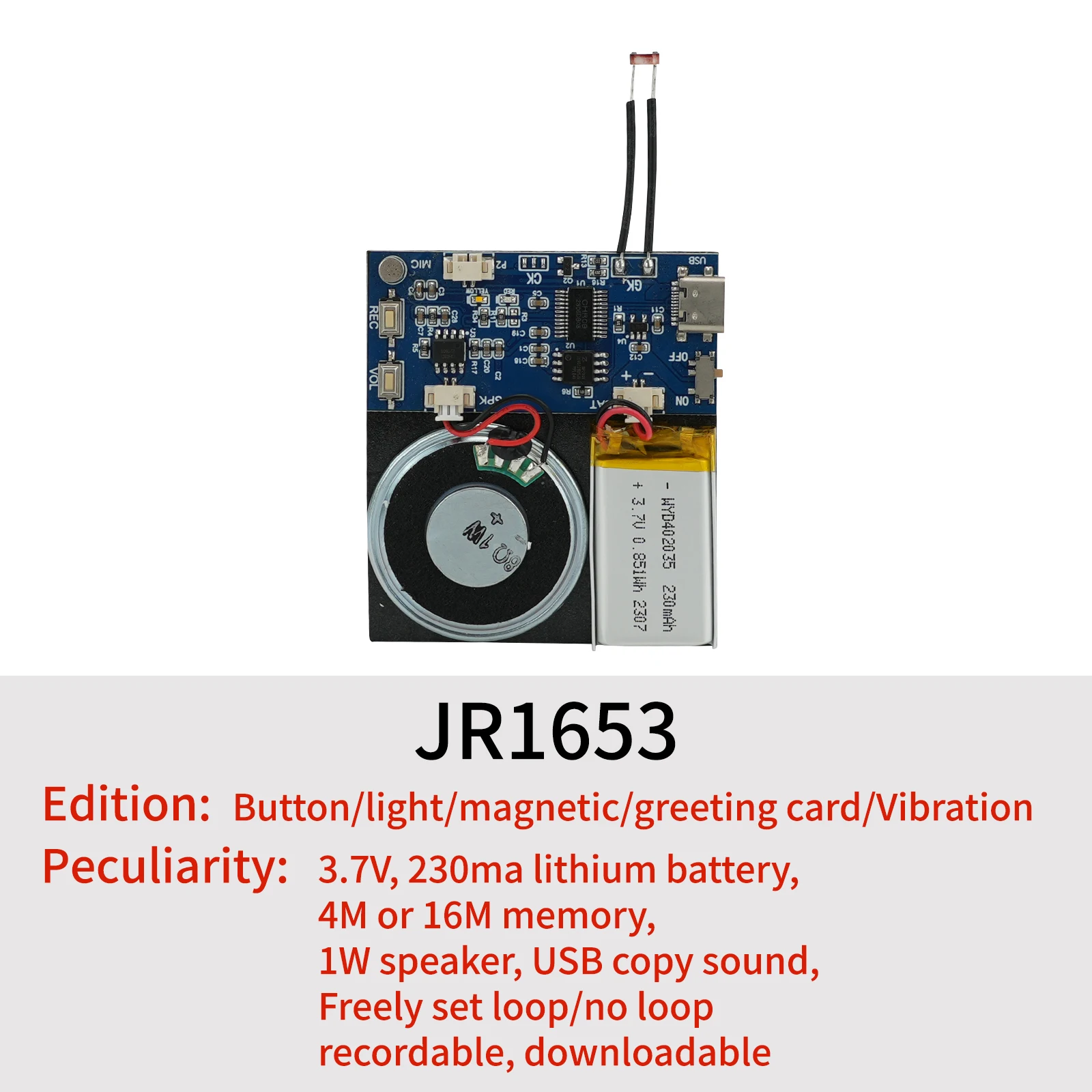 4MB/16MB Sound Module Light Control Voice Recorder Board USB Downloadable & Recordable with Playback for Xmas Greeting Card Gift