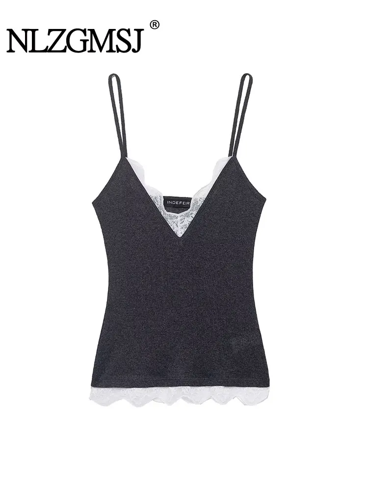 

NLZGMSJ женские майки 2021, осень-зима, тонкий кружевной вязаный укороченный топ без рукавов с v-образным вырезом Y2K