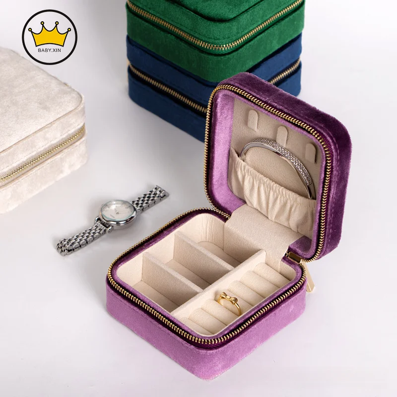 

Jewelry Box with Zipper Earring Necklace Ring Travel Jewelry Organizer Box Flannel Fashion Jewelry Case Joyero