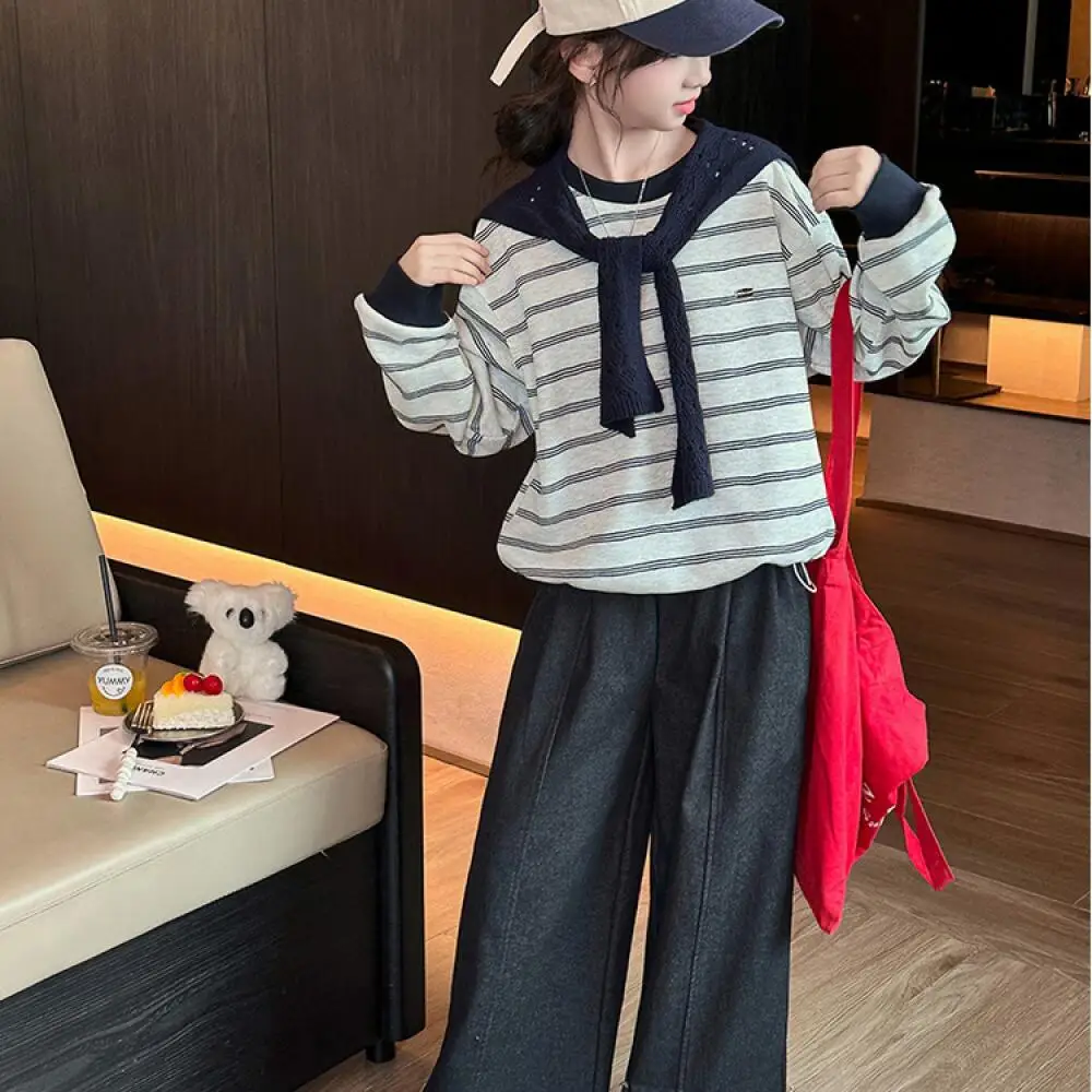 

Kawaii модный пуловер с шалью для девочек, джинсовый комплект, студенческие весенне-осенние повседневные топы, длинные штаны, комплект из 2 предметов, детская одежда