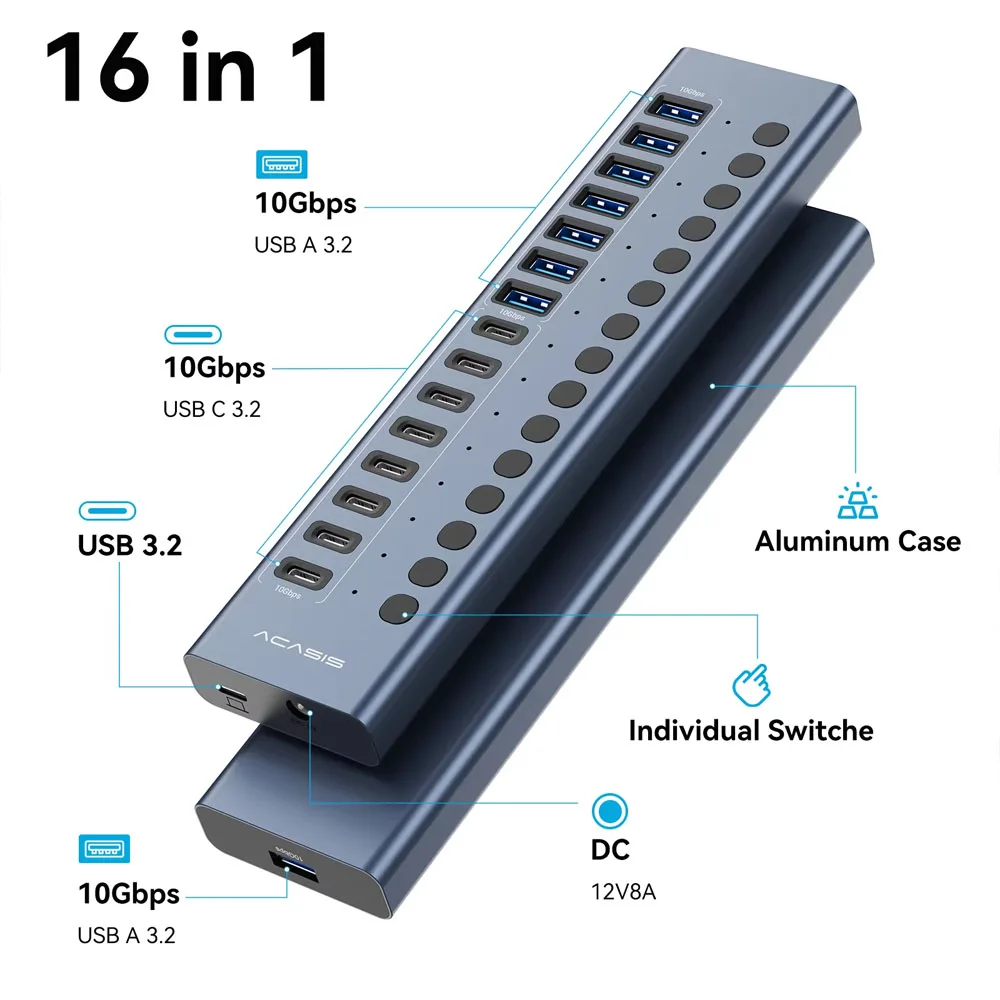 ACASIS 16 Port USB 3.2 Gen2 Hub 10Gbps 8 USB-A 8 USB-C HUB With Individual Switches USB Splitter For PC Laptop Keyboard Mouse Workstation Multi Device Expansion Support BC1.2 Charging Data Transfer with 12V8A Power Adapter