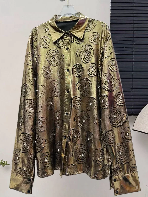 

Heavy Emed Gold Button American Sle Women's irt Trendy Design Embroidered Beads Top Street Sle Commute Faion