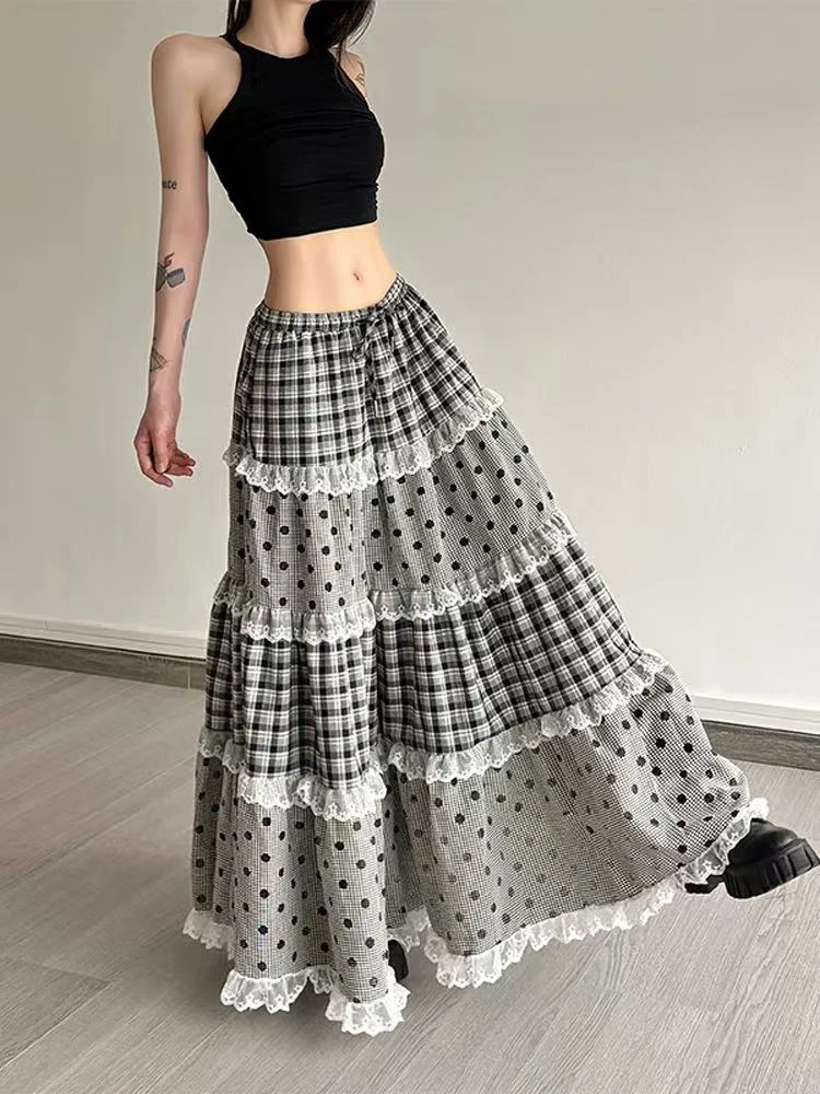 Vintage Patchwork Plaid Midi Rokken Vrouwen Y2K Sweet Lolita Alle Match Een Lijn Rokken Japanse Losse Preppy Casual Geplooide Rokken