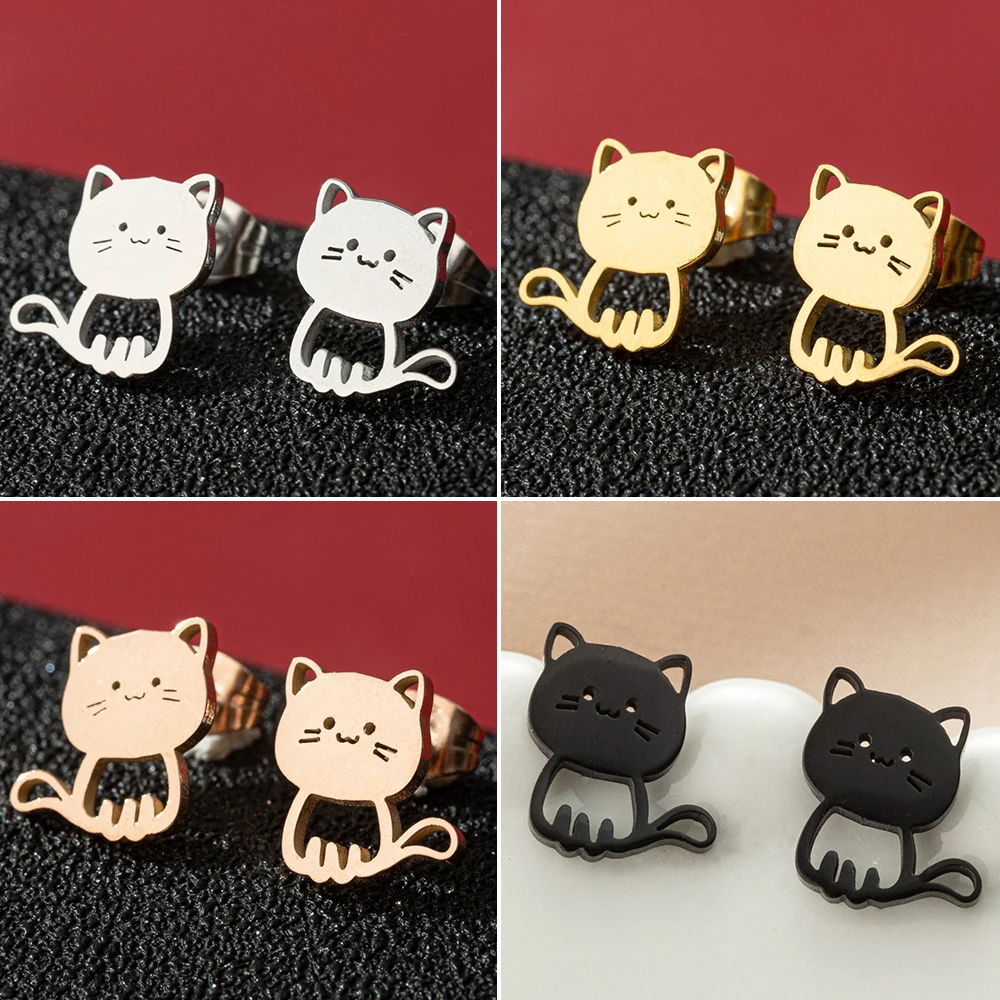 Happy Kitty Animal Trendy Woman Earring 2024 High Quality Stainless Steel Silver Color Piercings For Ears Earrings Jewelry