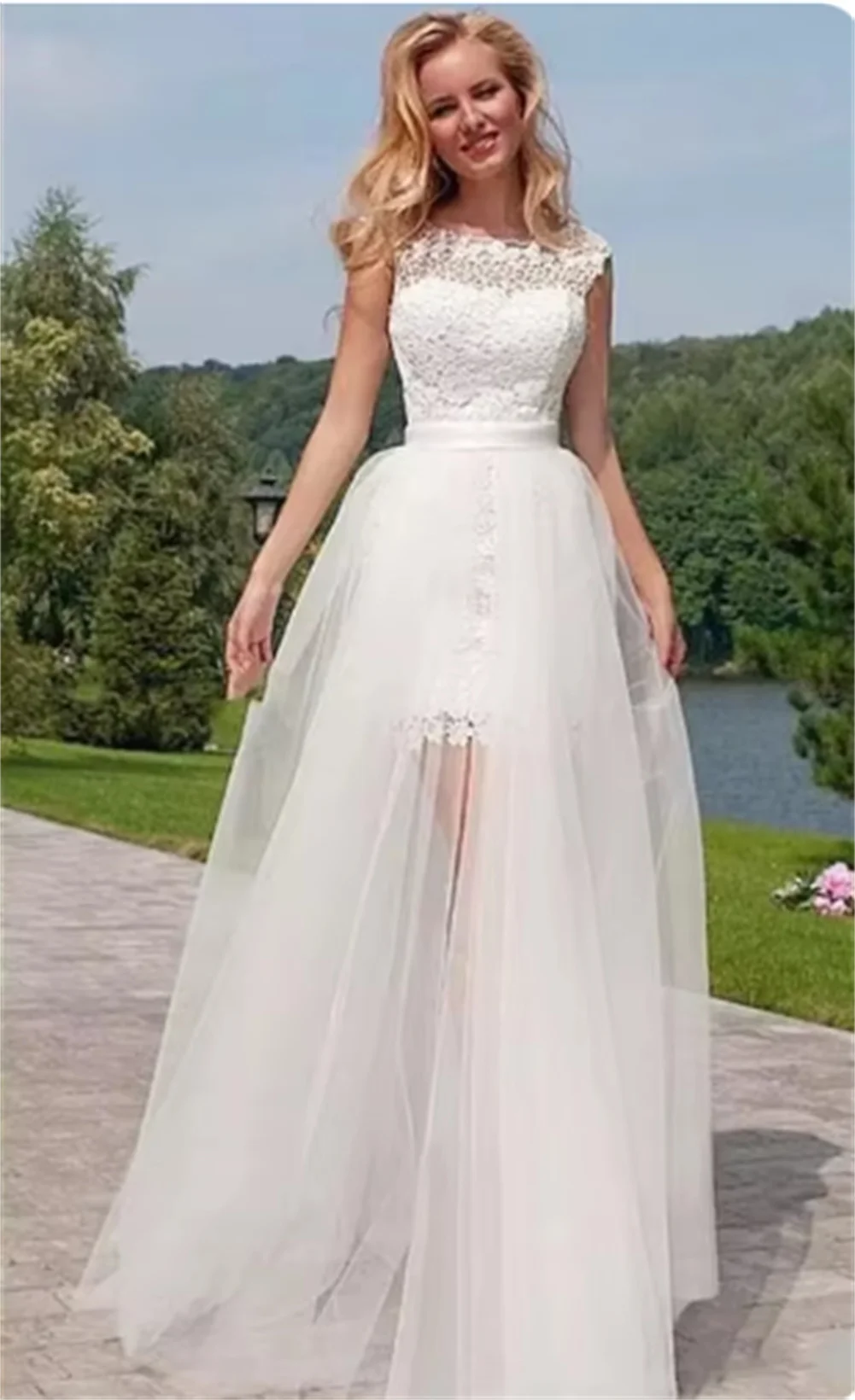 

3 Layers Tulle Beach Wedding Bridal Gown Detachable Train Lace Applique Overskirt Hollow Back Short Vestido De Novia Plus Size